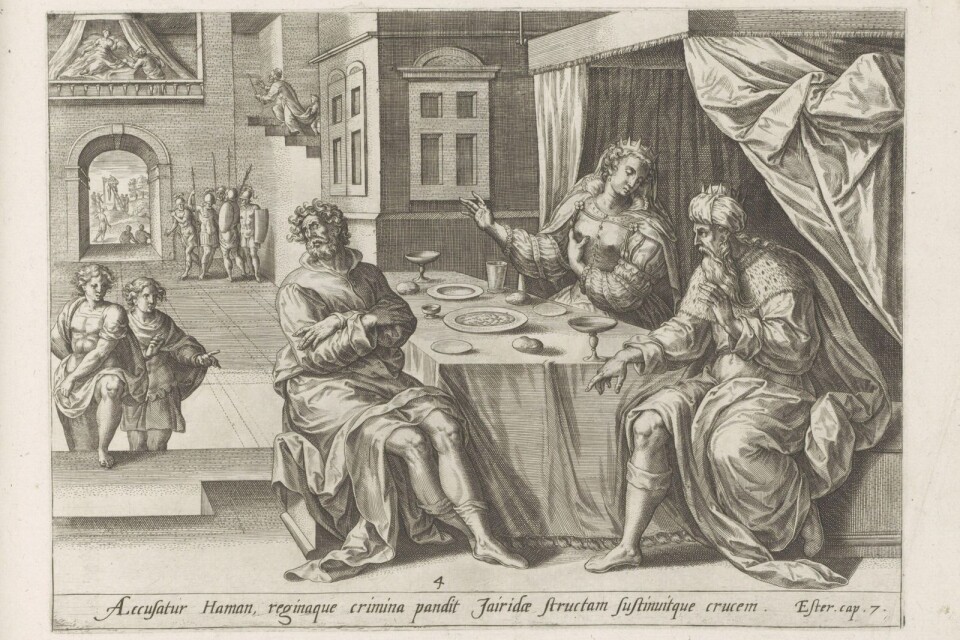 Ester anklagar rådgivaren Haman inför kung Xerxes  Tavla av Hans Collaert ,1579.