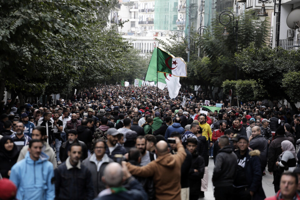 Demonstranter protesterar mot den tillträdande presidenten Abdelmadjid Tebboune i Algeriets huvudstad Alger.
