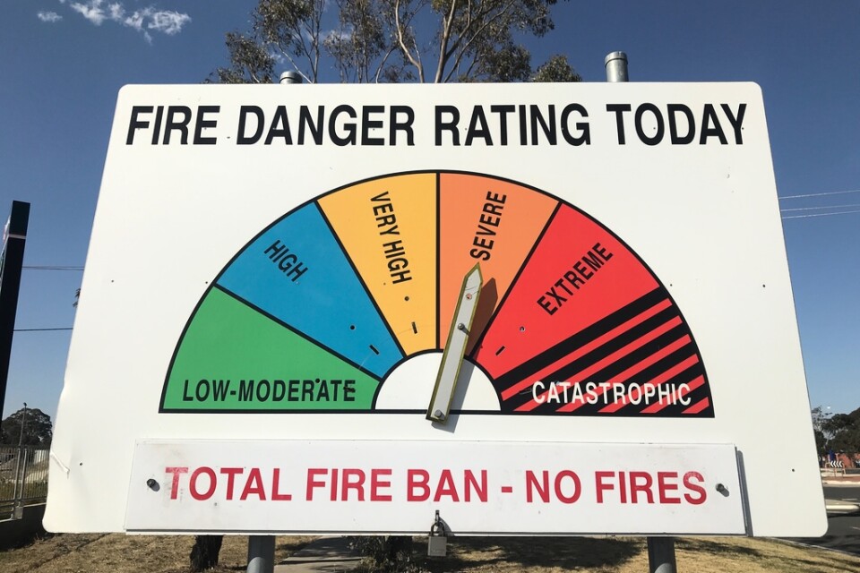 Den sexskaliga australiska skalan för brandfara, Fire Danger Rating (FDR). Arkivbild.