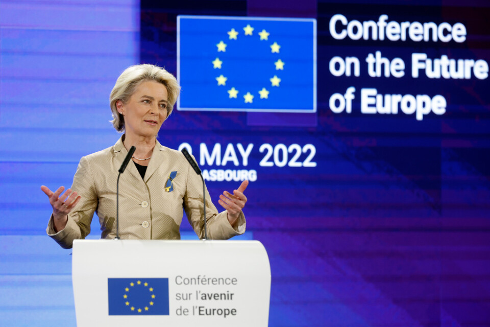 EU-kommissionens ordförande Ursula von der Leyen talar vid avslutningsceremonin för EU:s framtidskonferens i Strasbourg.