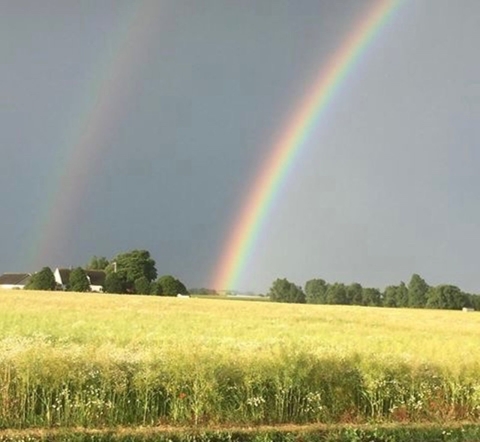 I Valleberga visade himlen sig från sin bästa sida på midsommaraftonens morgon, med dubbla regnbågar.